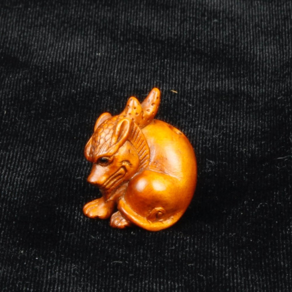 Unique Fierce Dragon / Dog | Signed Japanese Boxwood Ojime Bead